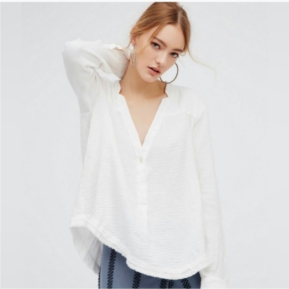 FREE PEOPLE Cotton Henley Top Changing Horizons Popover Oversized XS